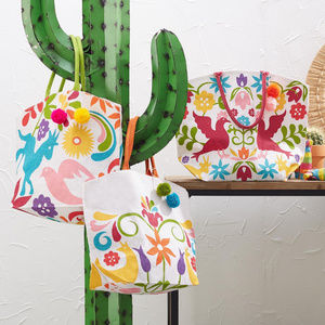 Otomi Tote Bag Handbag Pom-Poms Jute Cotton Travel